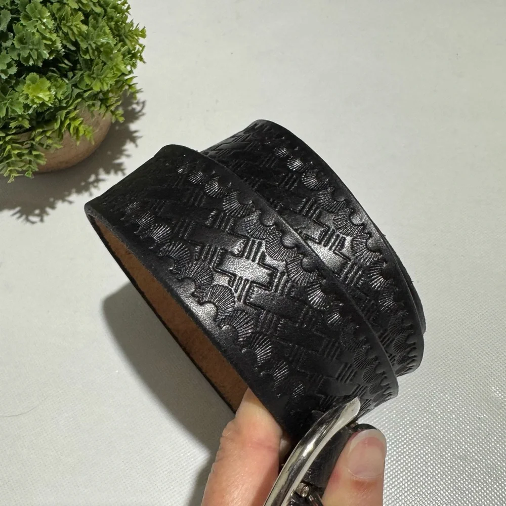 Vintage Black Full Grain Tooled Textured‎ Leather Belt Mens Size 38 Western Boho
